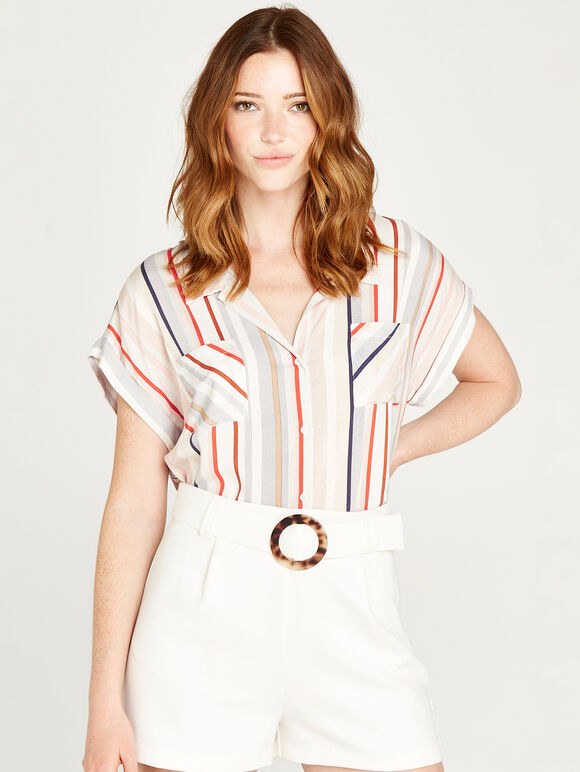 Dotted Stripe Back Pleat Shirt, Cream, large