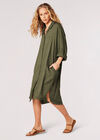 Oversized Linen Blend Shirt Mini Dress, Khaki, large