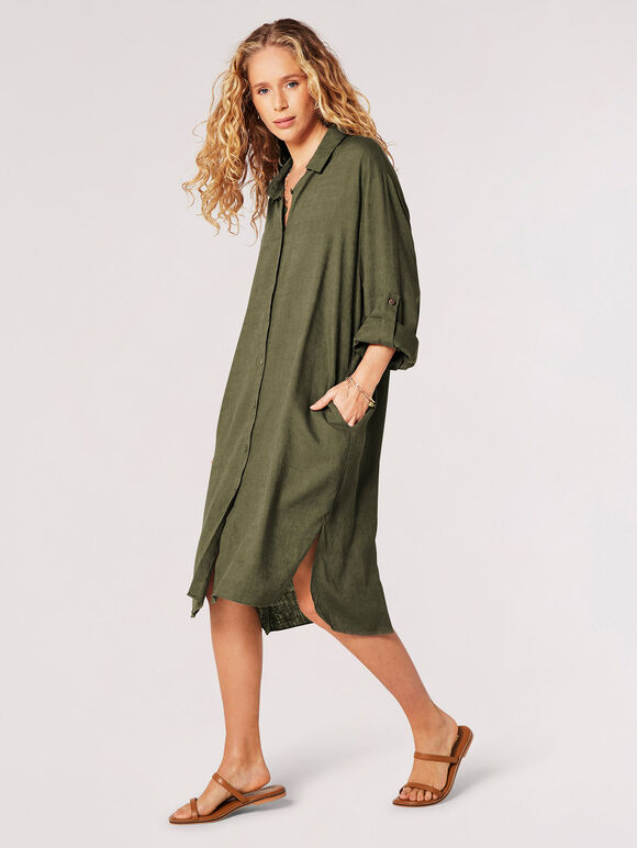 Oversized Linen Blend Shirt Mini Dress, Khaki, large