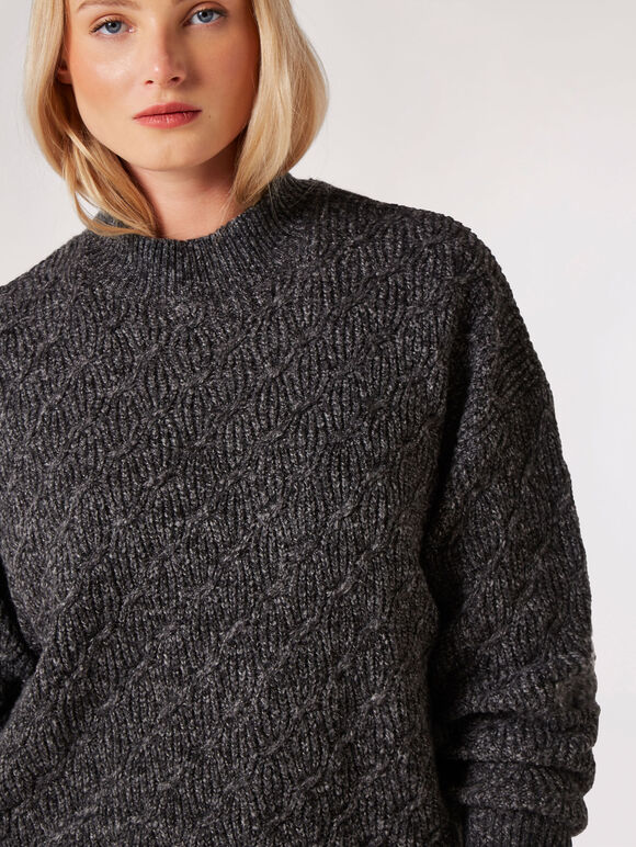 Plaited Knit Mock Neck Jumper, Grey, large
