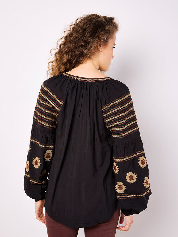 Aztec Embroidered Blouse, Black, large