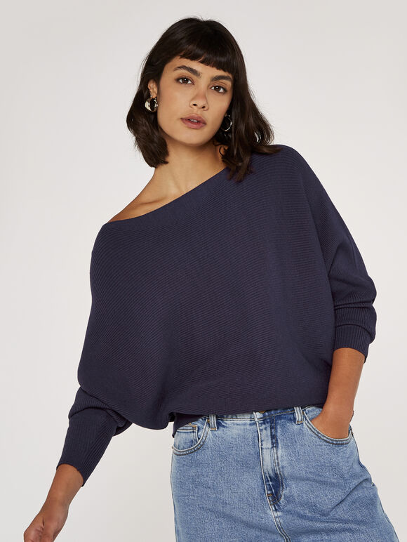 Boat Neck Ribbed Jumper, Purple, large