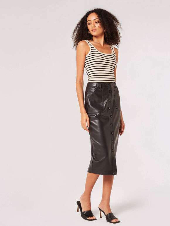 Button Down Faux Leather Midi Skirt, Black, large