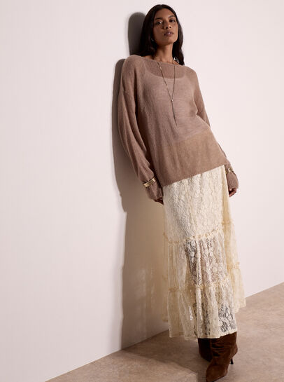Cotton-Blend Lace Tiered Midi Skirt