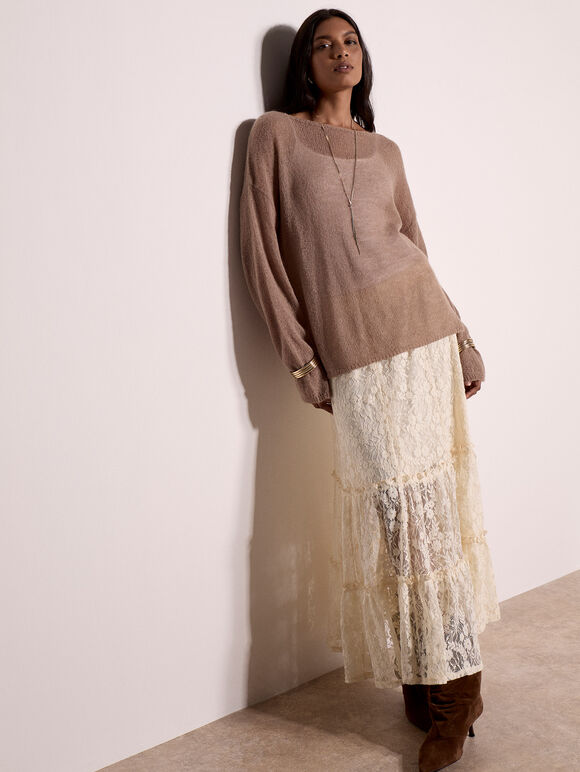 Cotton-Blend Lace Tiered Midi Skirt, Cream, large