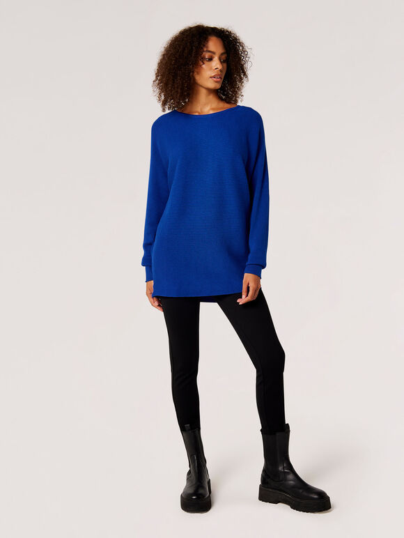 Batwing Longline Ribbed Jumper, Blue, large