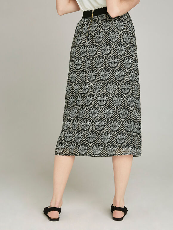 Black Graphic Leaf Floral Midi Skirt, Black, large