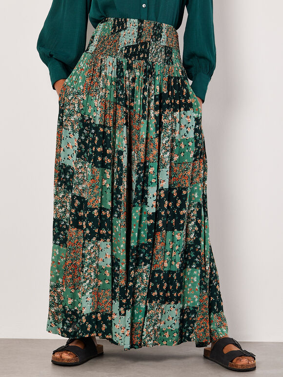 Floral Patchwork Crinkle Wide-Leg Trousers, Green, large