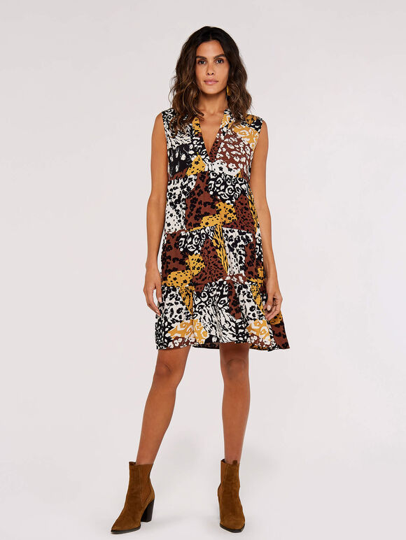 Animal Patchwork Mini Dress, Mustard, large