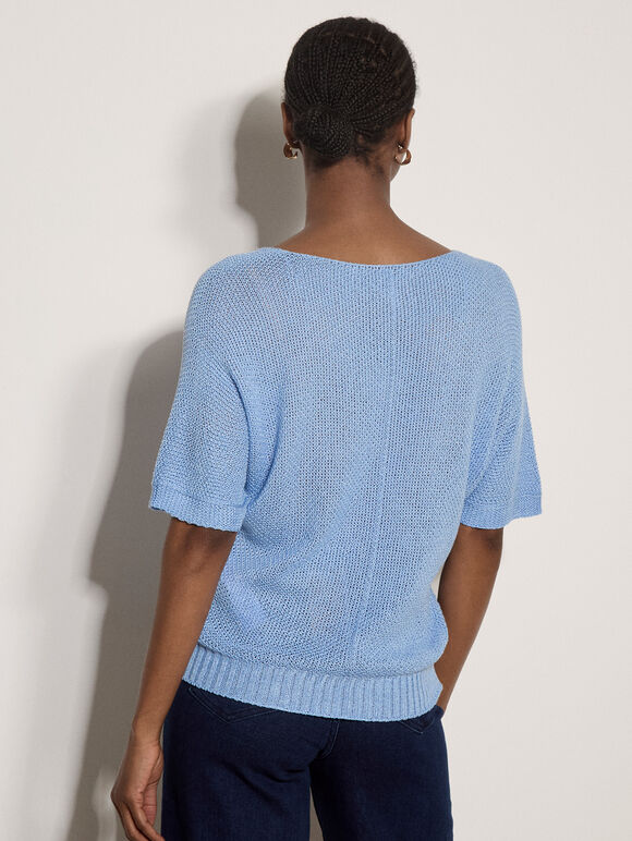 Waffle Open Knit Top, Sky Blue, large