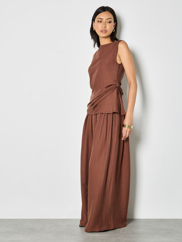 Side Knot Woven Top, Brown, large