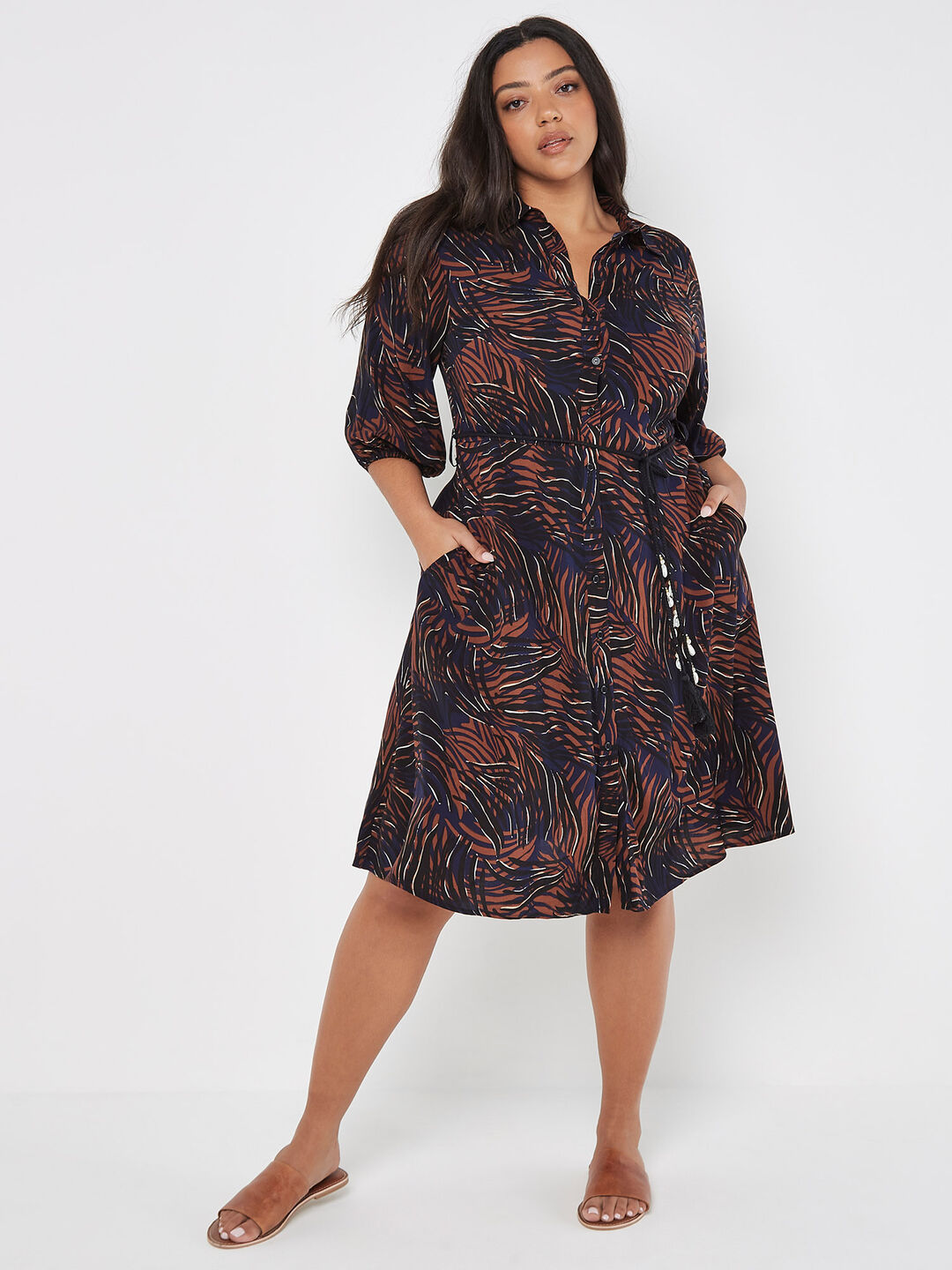 Image of Curve Abstract Swirl Shirt Midi Dress