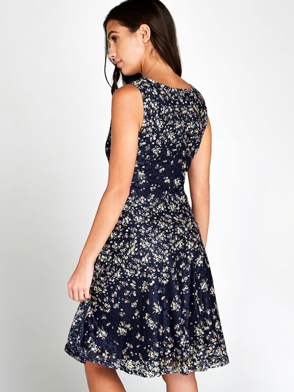Printed Lace Skater Dress, Navy, large