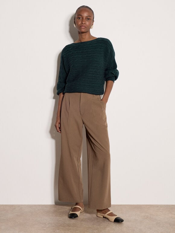 Cable Stripe Batwing Aran Jumper, Pine Green, large