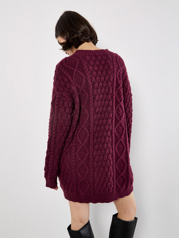 Cable Knit Oversized Jumper Mini Dress, Burgundy, large