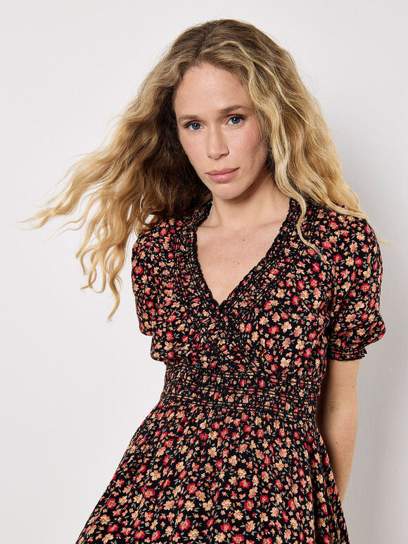 Ditsy Floral Smocked Mini Dress, Orange, large