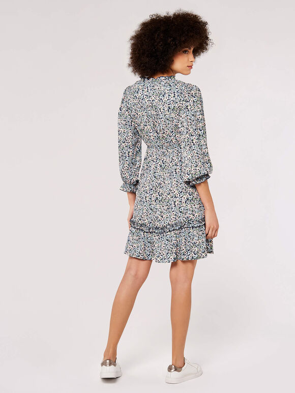 Ditsy Puff Sleeve Mini Dress, Navy, large