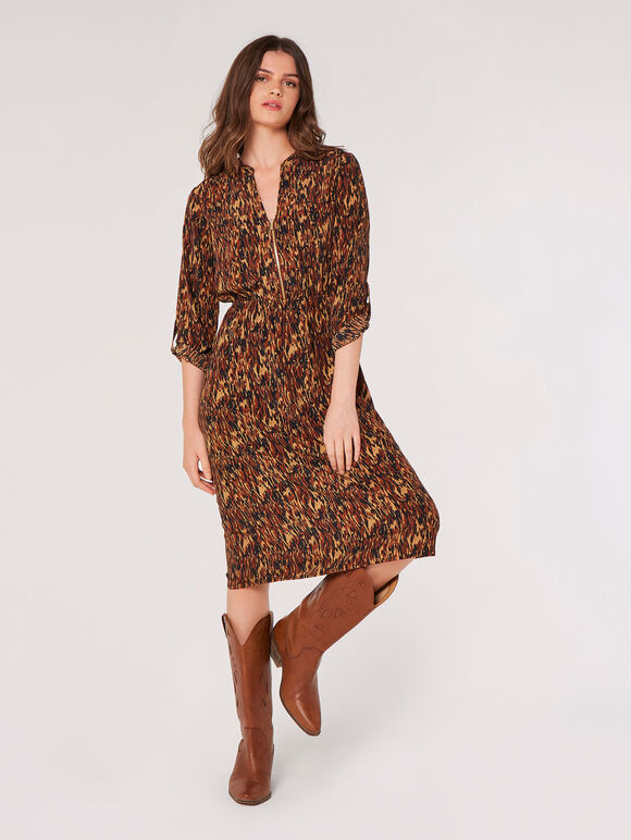 Texture Print Zip Midi Dress, Brown, large