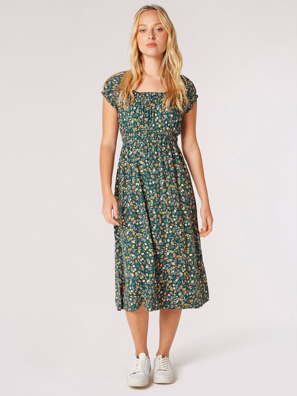 Garden Floral Milkmaid Midi Dress, Green, large