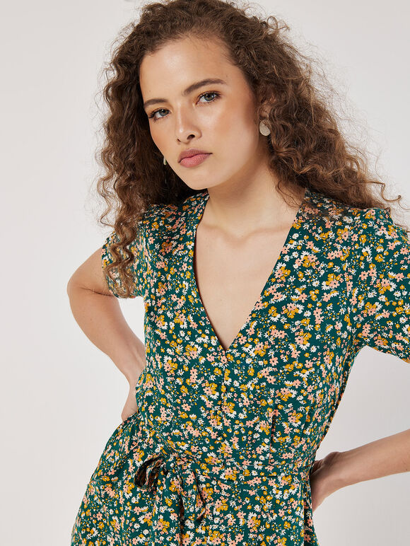 Ditsy Floral Decorative Button Midi Dress, Green, large