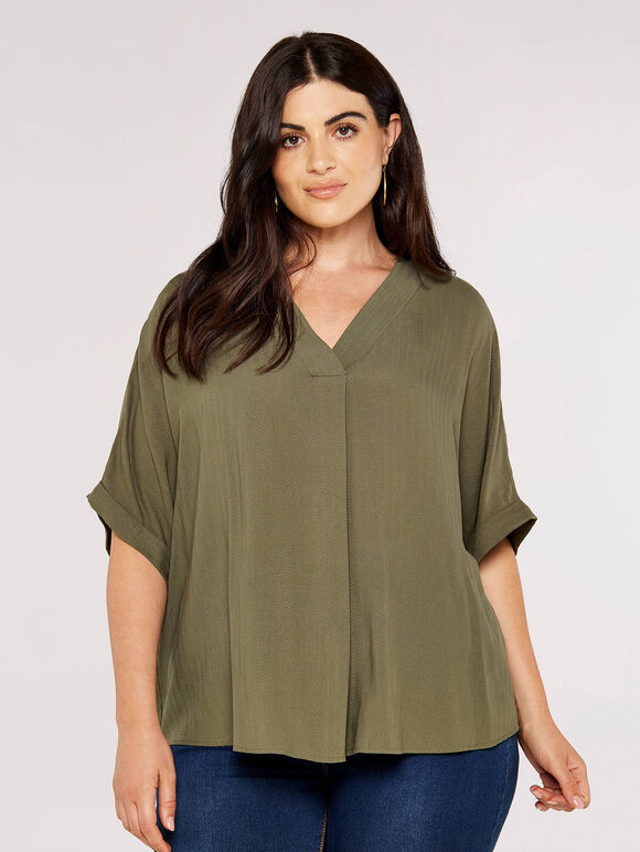 Chevron V Neck Top, Khaki, large