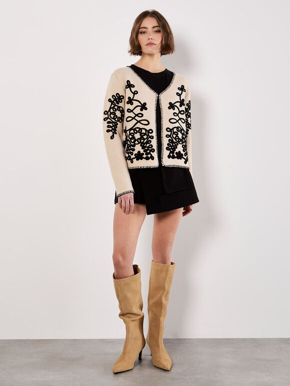 Swirl Embroidered Blanket Stitch Cardigan, Stone, large