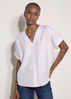 Pleated V-Neck Blouse, White, large