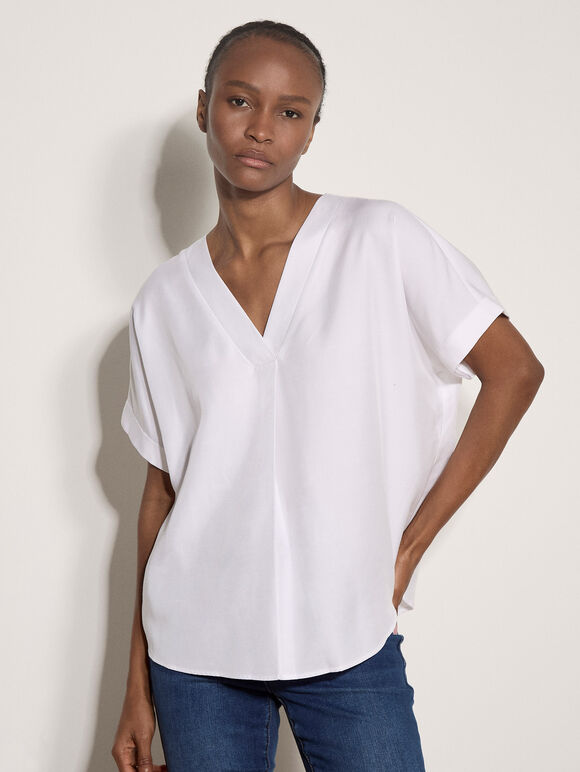 Pleated V-Neck Blouse, White, large