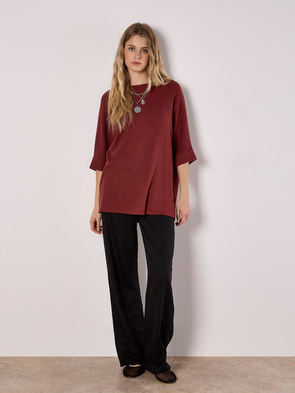 Soft-Touch Batwing Waffle Knit Top, Burgundy, large