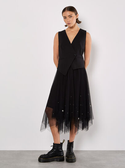 Pearl Embellished Tulle Midi Skirt