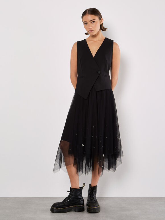 Pearl Embellished Tulle Midi Skirt, Black, large