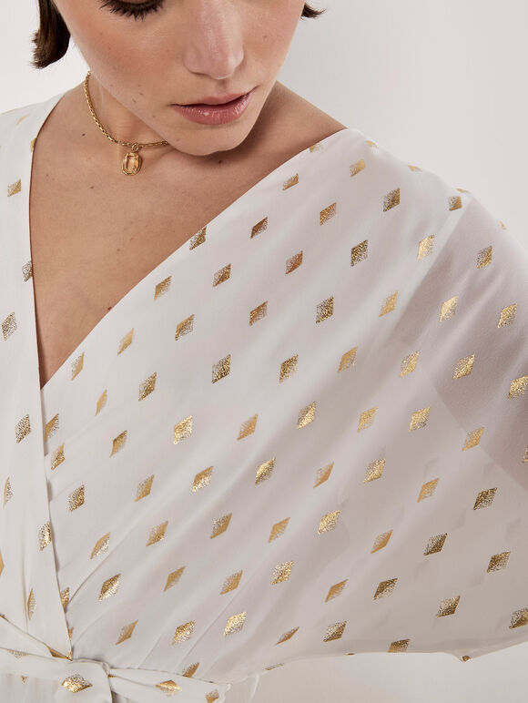 Gold Foil Diamond Wrap Mini Dress, White, large