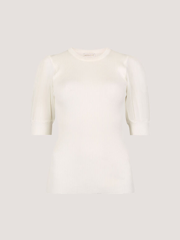 Plisse Sleeve Rib Knit Top, White, large