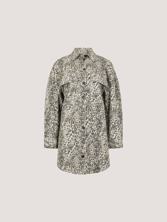 Leopard Print Cotton Denim Shacket Mini Dress, Grey, large