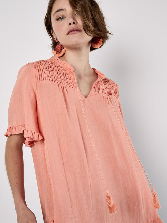 Smocked Ruffle Top, Coral, large
