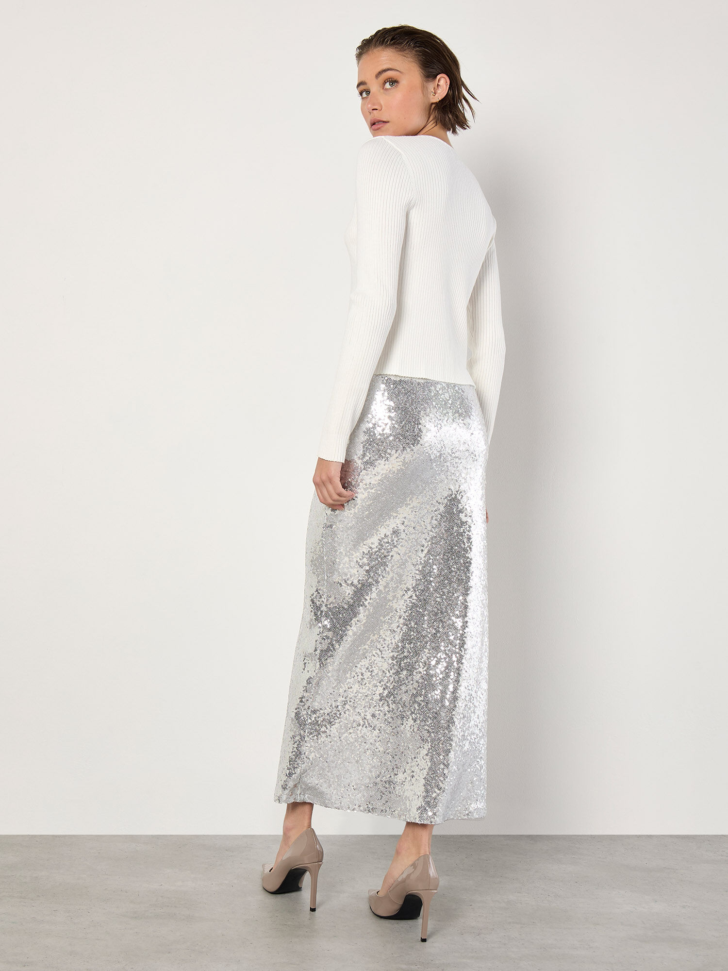 Sequin Bias Cut Midaxi Skirt Apricot Clothing