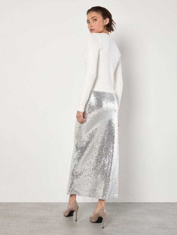 Sequin Bias Cut Midaxi Skirt, Light Grey / Silver, large