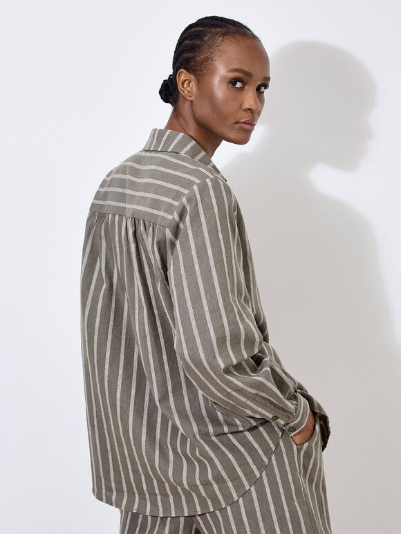 Striped Linen Shirt, Khaki, large