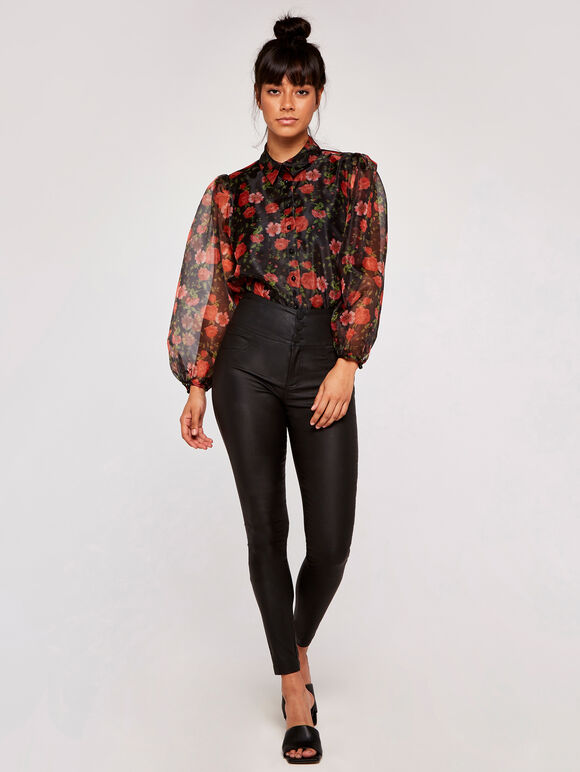 Roses Organza Puff Sleeve Shirt, Black, large