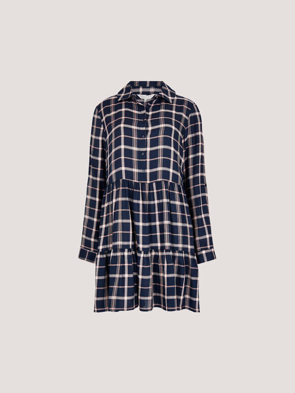 Check Print Shirt Mini Dress, Navy, large