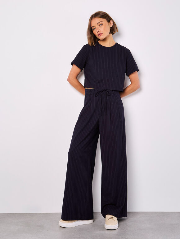 Pinstripe Wide Leg Tailored Trousers, Navy, large