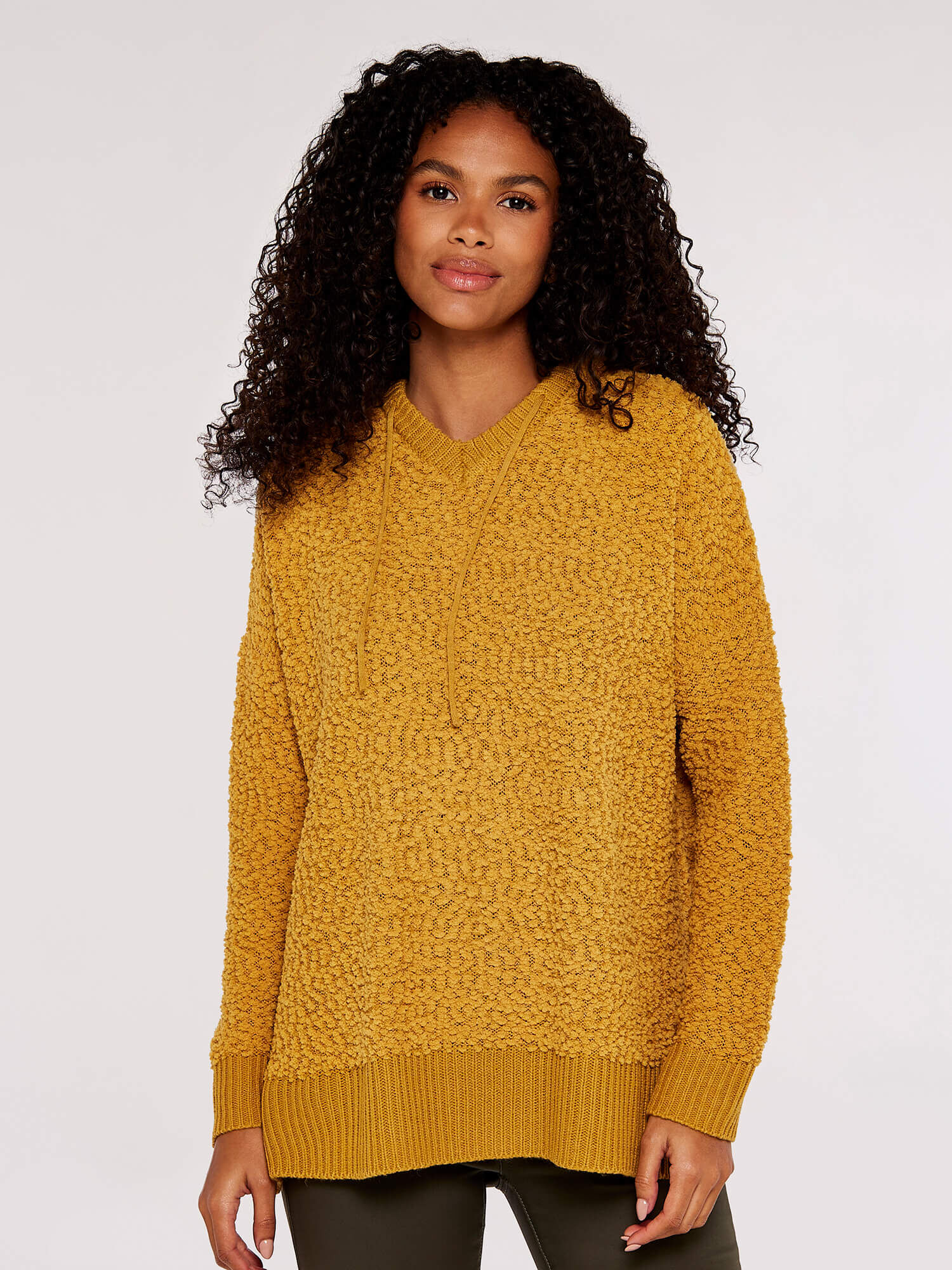 Popcorn Knit Hooded Jumper Apricot Clothing