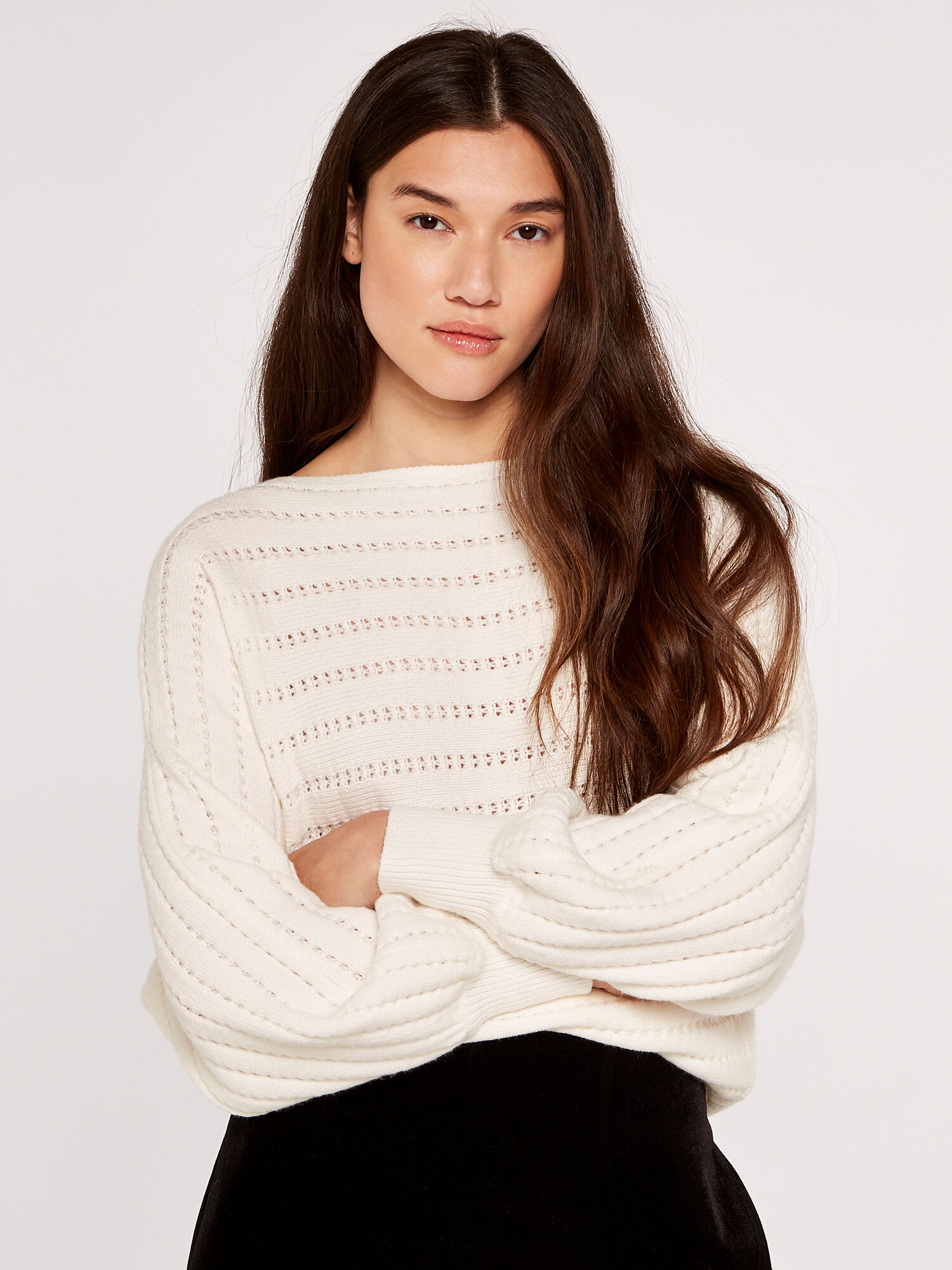 Pointelle Stripe Batwing Jumper Apricot Clothing