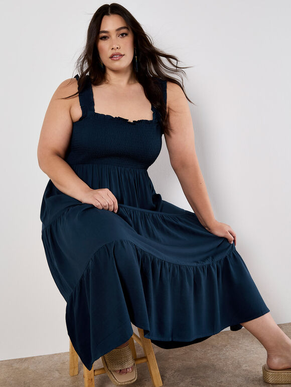 Smock Tiered Midi Dress, Navy, large