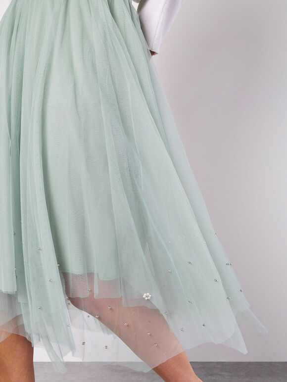 Pearl Embellished Tulle Midi Skirt, Mint, large