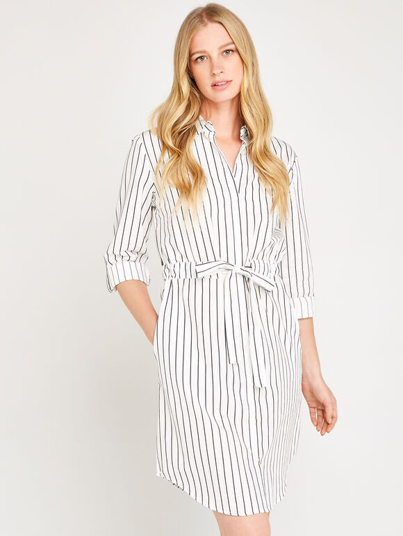 Cream Vertical Stripe Shirt Dress, Cream, large