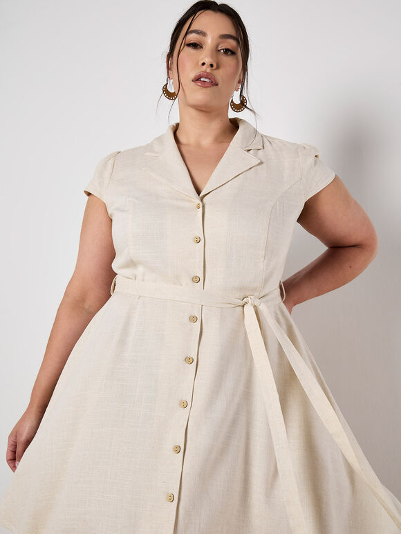 Linen Blend Shirt Mini Dress, Stone, large