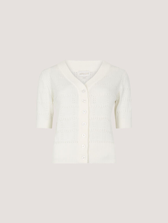 Stripe Pointelle Knit Cardigan, White, large