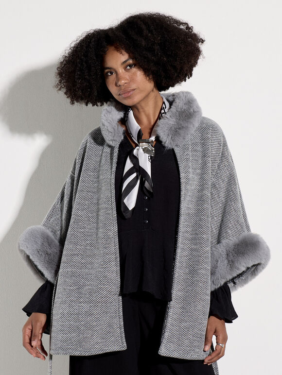 Faux Fur Trim Tweed Cape, Grey, large