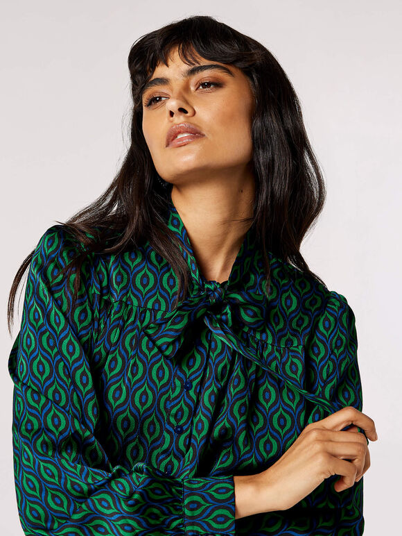 Geometric Tie Neck Satin Shirt, Blue, large